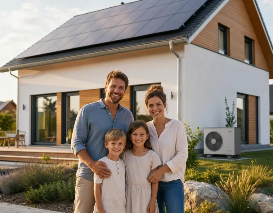 Junge Familie vor ihrem neu gebauten Fertighaus mit Photovoltaik-Anlage und Wärmepumpe – KfW-förderfähiger Effizienzhaus-Neubau