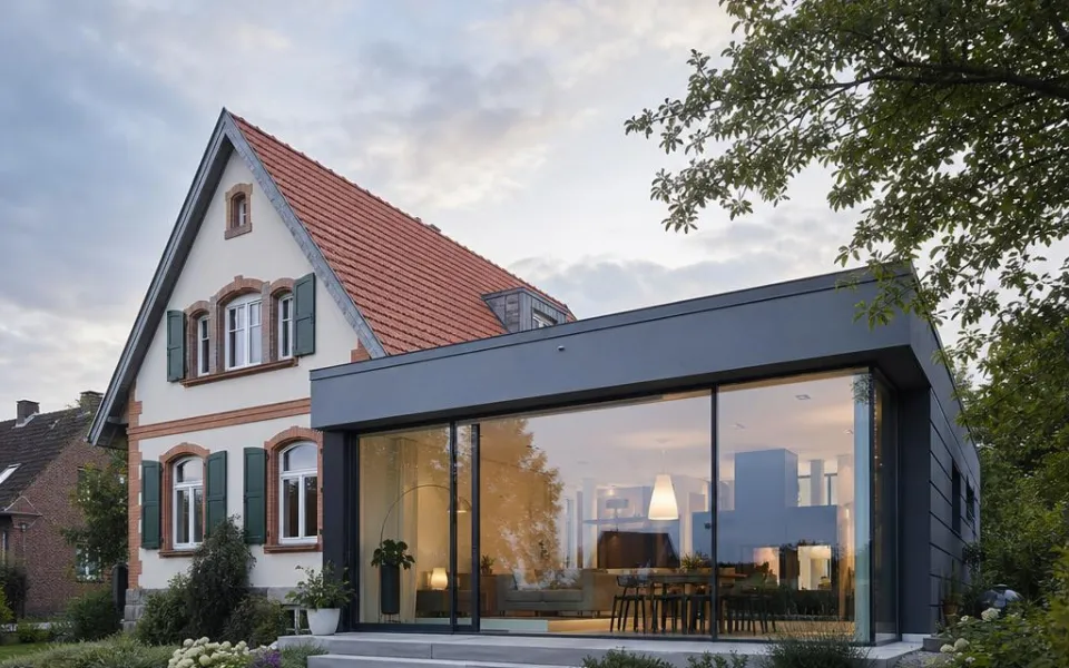 Moderner Flachdach-Anbau mit Glasfront am Bestandshaus – Modul-Erweiterung mit planbaren Kosten 2026