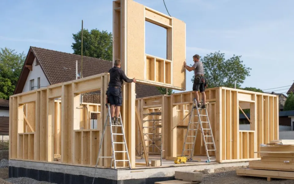 Bausatzhaus im Selbstaufbau: Wandelemente werden montiert – der günstigste Weg zum Eigenheim 2026