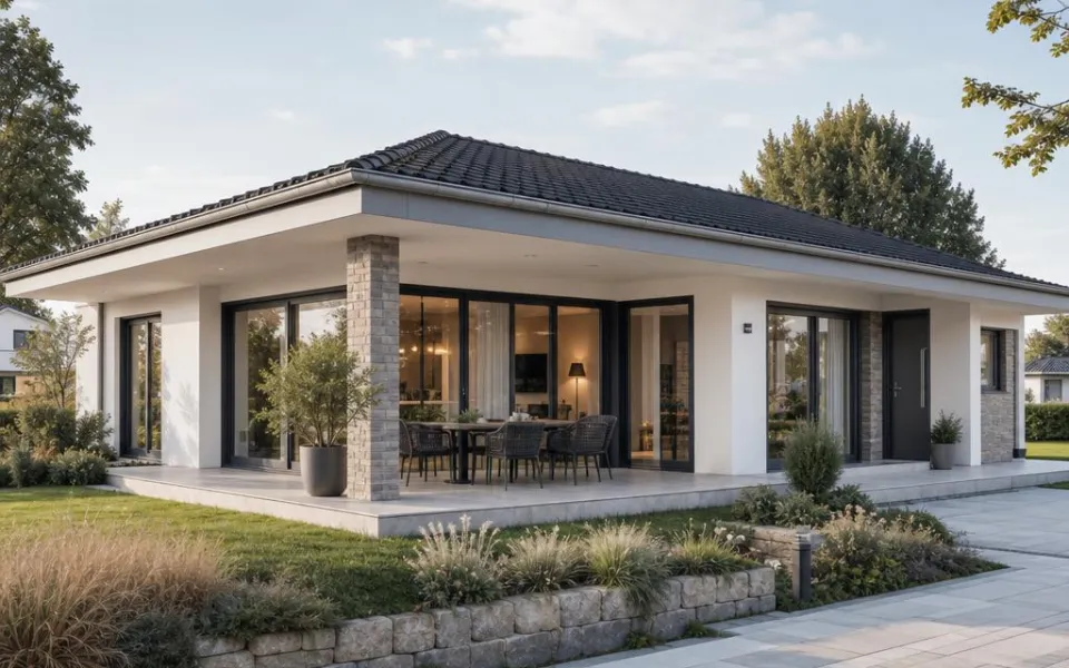 Ebenerdiger Bungalow-Neubau mit überdachter Terrasse und bodentiefen Fenstern – barrierefrei bauen 2026