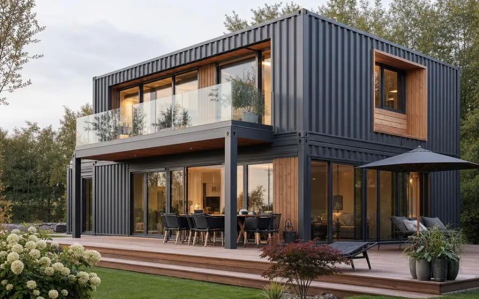 Containerhaus mit anthrazitfarbener Wellblech-Fassade, Holzdeck und Glasschiebetüren – Kostenbeispiel 2026