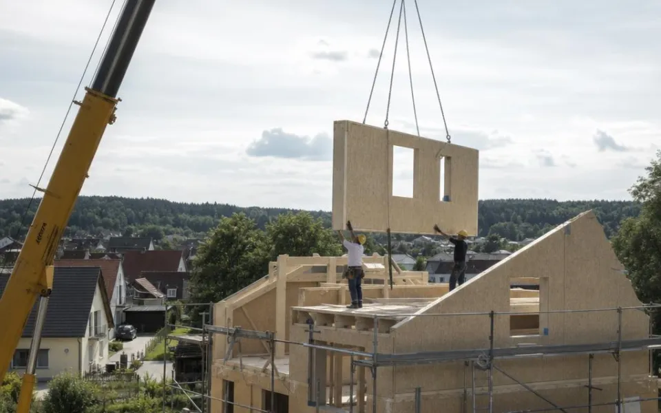 Fertighaus-Montage: Kran setzt vorgefertigtes Wandelement – vom Werk zur Baustelle in wenigen Tagen 2026