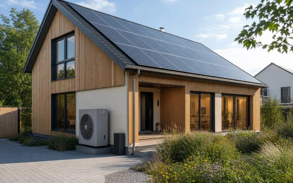KfW-40-Effizienzhaus mit vollflächigem Photovoltaik-Dach und Wärmepumpe – maximale Neubau-Förderung 2026