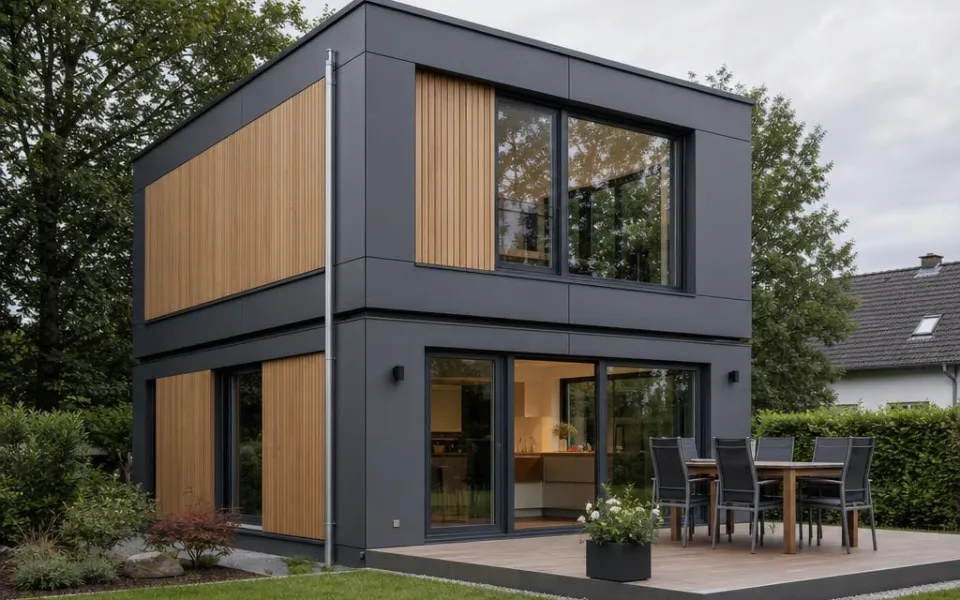 Modulhaus aus zwei gestapelten Raummodulen mit Anthrazit-Holz-Fassade – schlüsselfertige Modulpreise 2026