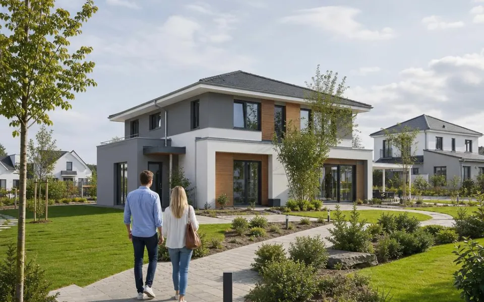Paar auf dem Weg durch einen Musterhauspark zu einem modernen Ausstellungshaus – Besichtigung planen 2026