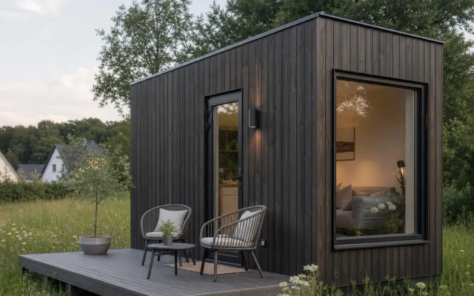 Tiny House mit dunkler Holzfassade und kleiner Terrasse – Minihaus-Preise kompakt erklärt 2026