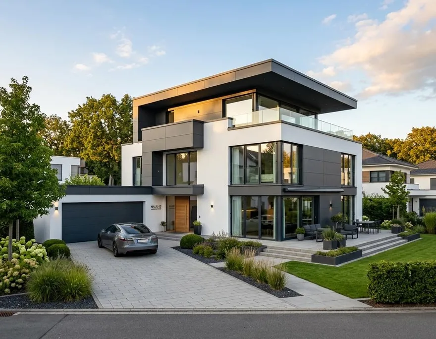 Modernes Fertighaus mit klarer Architektur als Beispiel für den Neubau