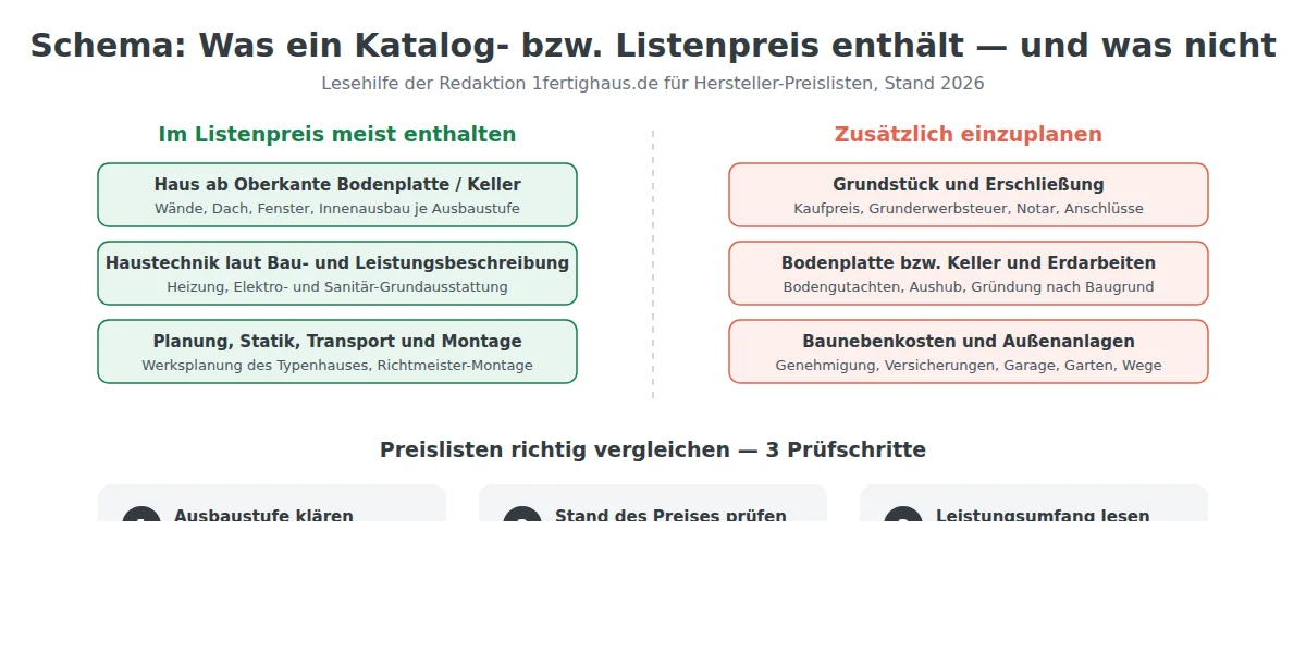 Schemazeichnung: Bestandteile eines Fertighaus-Listenpreises und zusätzlich einzuplanende Kosten wie Grundstück und Baunebenkosten